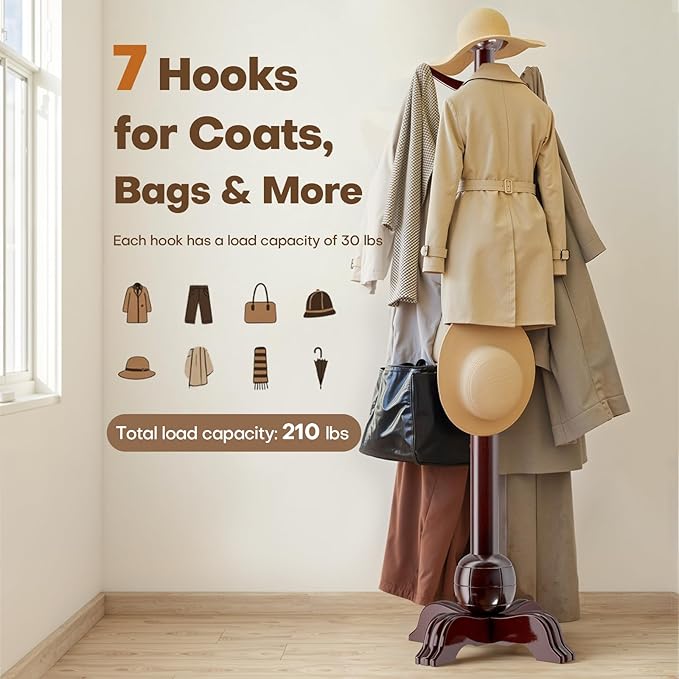 Hall Tree, Freestanding Wood Tree Rack with 7 Hooks, Coat Rack with Stable Sphere Base, Wooden Coat Rack Stand, Load 210 lb, Coat Hanger Stand for Entryway, Hallway, Bedroom (Black-Red)