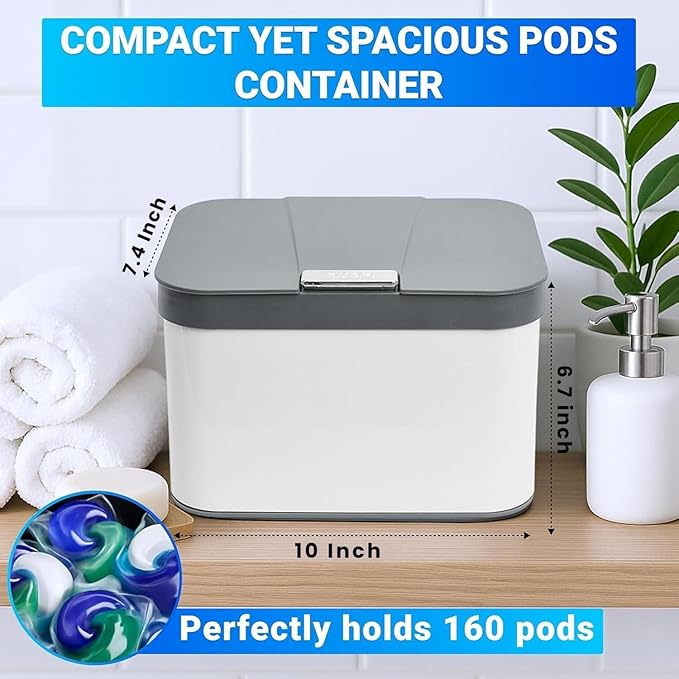 Skywin TidyFriend Laundry Pods Container with Push Up Lid, 10" x 7.4" x 6.7", Airtight Storage Keeps Pods Fresh, Laundry Detergent Container & Dishwasher Pod Holder (Grey)