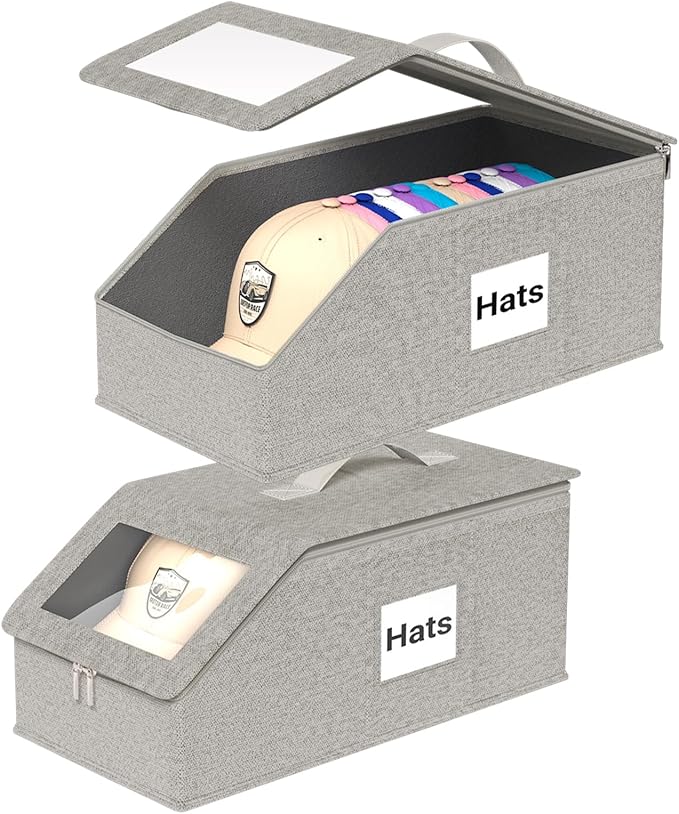 Stackable Hat Organzier for Baseball Caps - 2 PCS Hat Storage Holder Holds up to 26 Caps for Closet, Dust-Proof Hat Boxes Container with Clear Window for Home