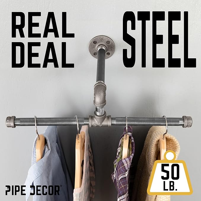 PIPE DECOR Black Steel Wall-Mounted Tee-Style Clothing Rack Kit, DIY Industrial Pipe Coat Rack