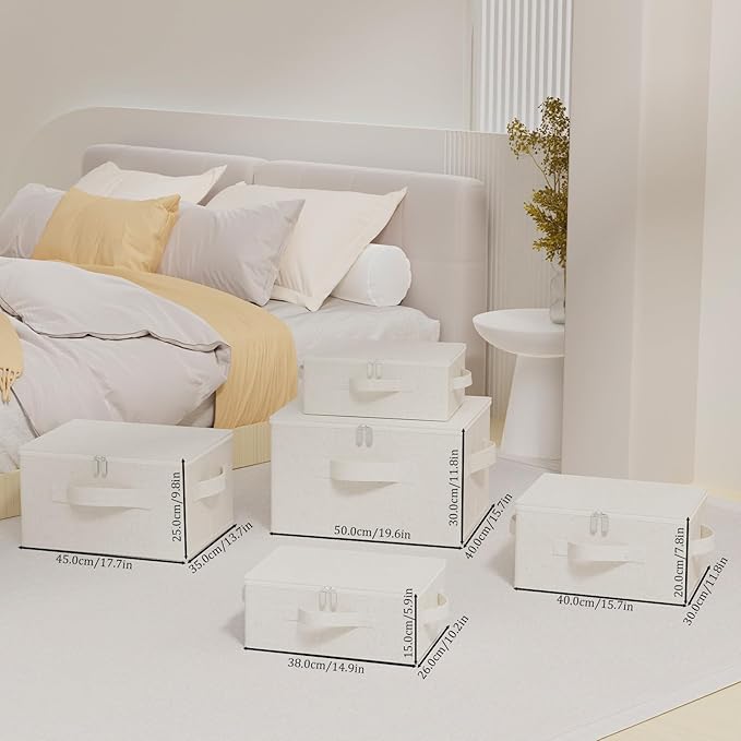 Underbed Storage Box with Lid, Foldable Clothes Organizers, Home Organising Baskets for Clothes, Shoes, Blankets, Pillows, 14.9x10.2x5.9Inches, Beige, 1 Pack