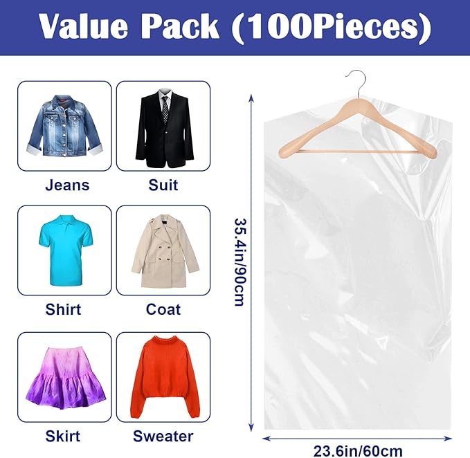 Grevosea 100 Pack Dry Cleaning Bags for Clothes, Clear Garment Bags for Hanging Clothes Plastic Clothing Storage Bag Clothe Cover for Suits Coats Home Storage Travel Moving (35.4 x 23.6 In)