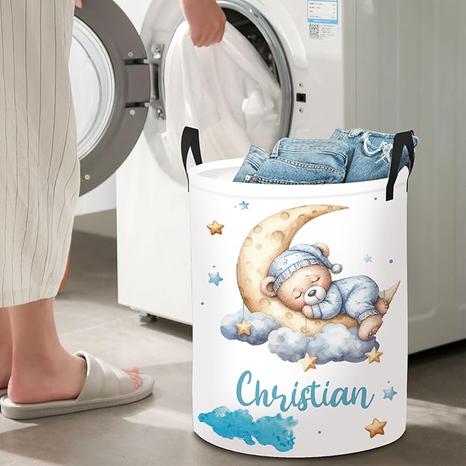 Personalized Baby Boys Laundry Basket for Nursery Bathroom Bedroom, Custom Bear Baby Laundry Hamper with Name and Handles, 2 Sizes Customize Baby Clothes Hamper for Girls Adults