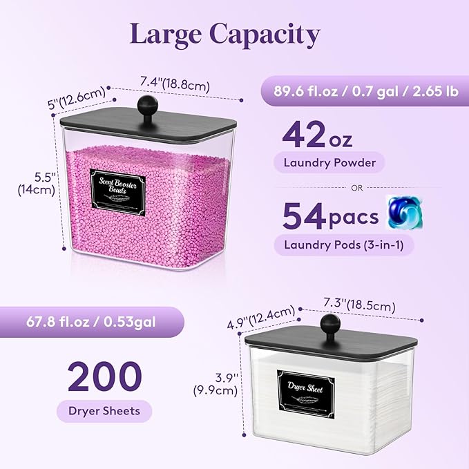Lifewit 4 Pcs Laundry Pods Container with Bamboo Lid, Dryer Sheet Holder, Laundry Room Organization for Washing Powder, Scent Booster Beads, 2600 +2000ml/0.53+0.7gal
