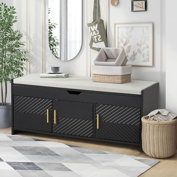 ECOTOUGE Shoe Storage Bench, Shoe Bench with Lift Top Storage, Wooden Entryway Bench with Cushioned Seat, Adjustable Shelf for Living Room, Bedroom, Hallway, Black