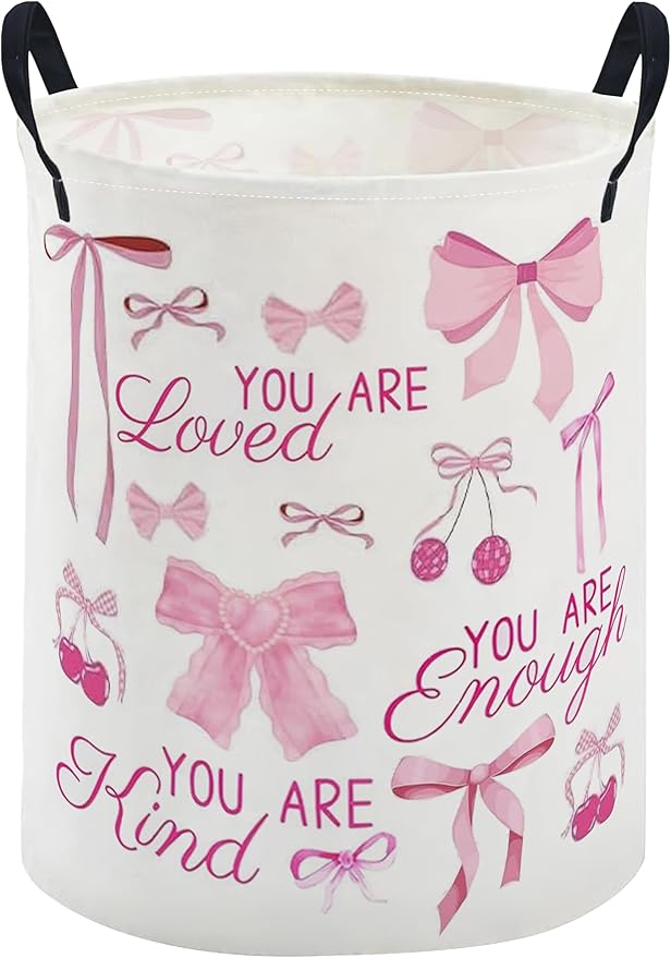 ESSME Kids Laundry Basket,Pink Hamper Collapsible Canvas Waterproof Storage Bin for Girls, Cute Hamper,Gift Baskets(bow)