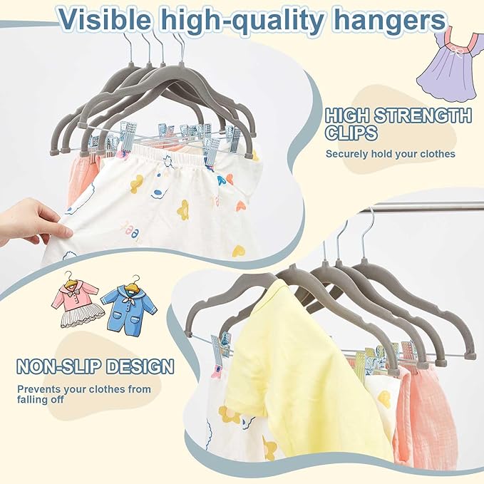 Vesici 14 Inch Extra Large Kids Velvet Hangers with Movable Clips 15 Pack, Non Slip Felt Clothes Hangers for Kids and Preteens, Heavy Duty and Space Saving for Pants, Skirts, Coat, Gray