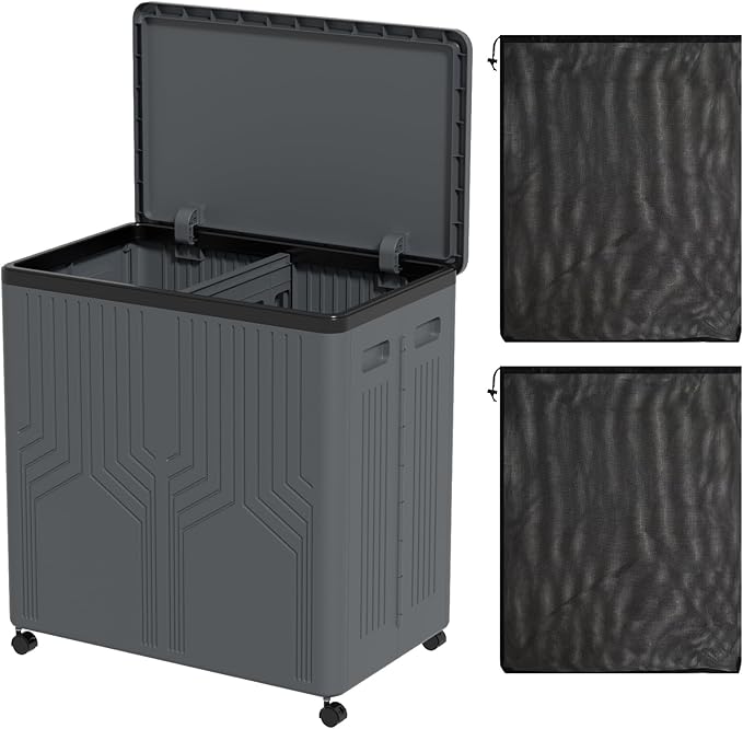 120 L Large Double Laundry Hamper with Lid and Wheels, 2 Section Plastic Laundry Basket with Wheels, Foldable Rolling Clothes Basket for Bathroom Bedroom, Gray