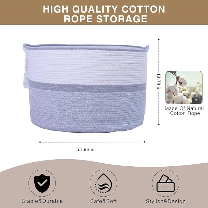 Large Woven Rope Laundry Hamper, Cotton Rope Storage Basket with Handles, Multipurpose Storage Basket for Laundry, Toys, Blankets in Bedroom, Bathroom, Living Room - Stylish & Durable (Gray, 100L)