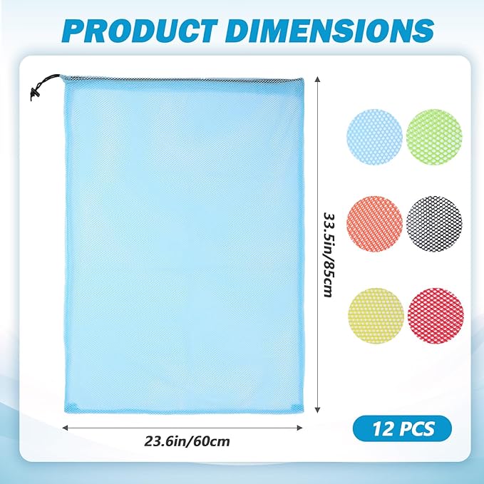 12 Pcs 24'' x 33'' Large Mesh Bags for Laundry, Wash bags, Sturdy Mesh Material Closed with Drawstring, Factory, University, Dormitory, Travel and Apartment Dweller, Color
