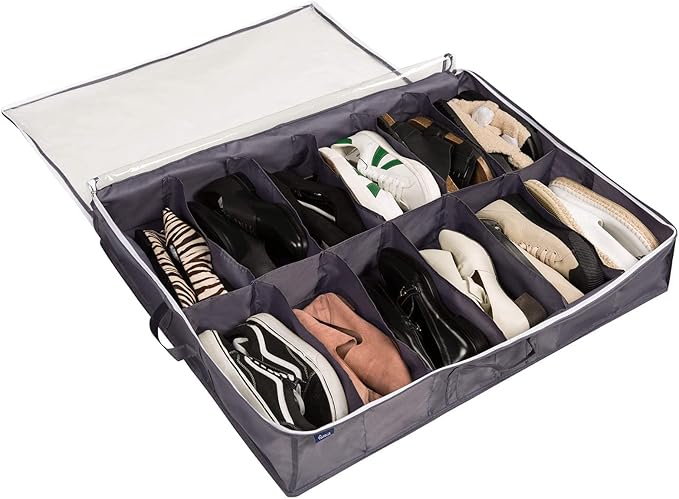Surblue Under Bed Shoe Organizer Storage Bag with Transparent Skylight and Zippered,24 Pairs,Darkgray 2 PCS