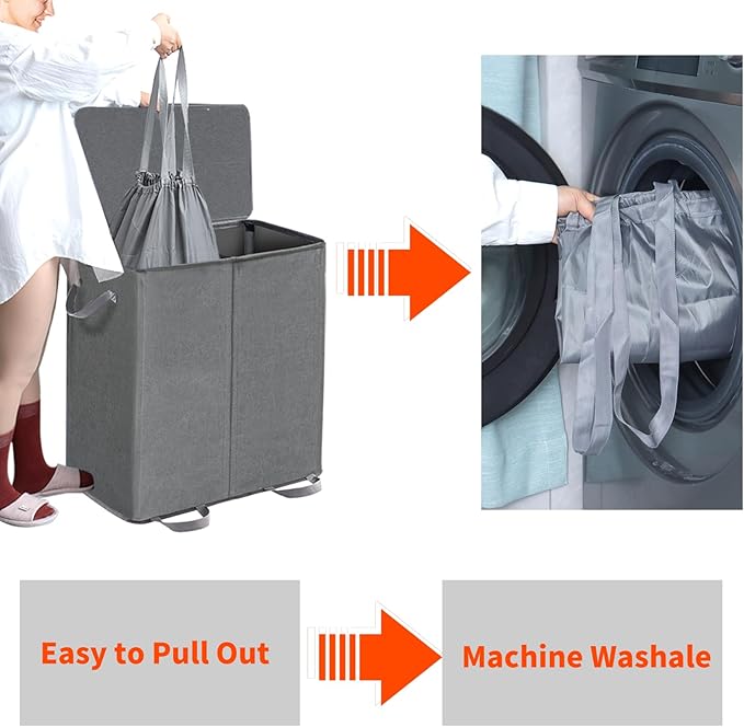Double Laundry Hamper with Lid and Removable Bags, Laundry Basket 2 Section, Double Hampers for Laundry, Large Divided Hamper, Dual Laundry Hamper 2 Section with Handles Dorm 140L Grey