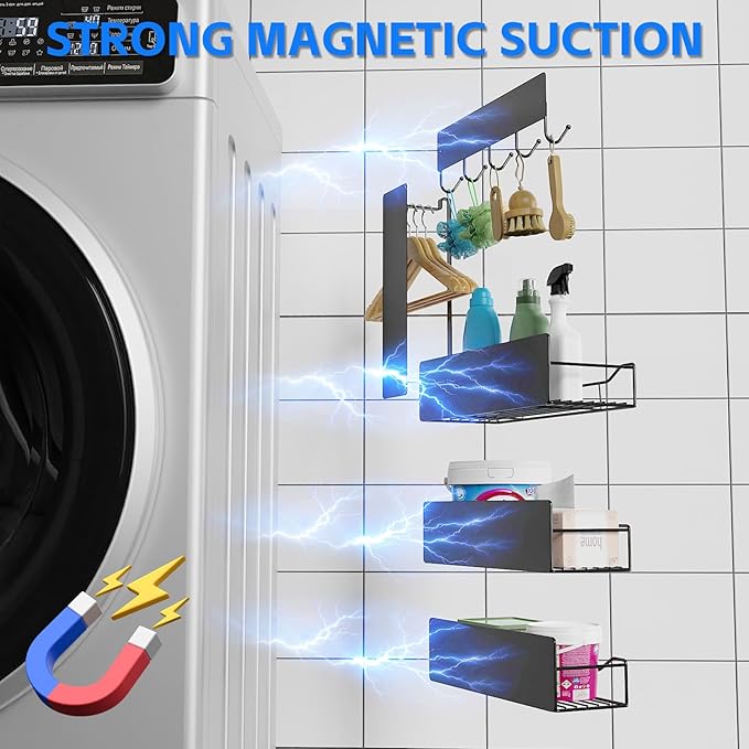 Magnetic Shelves for Washing Machine, 5 Pack Heavy Duty Laundry Shelf Organizer with Hooks, Strong Magnetic Storage Rack for Washer, Dryer, Refrigerator & Kitchen Laundry Organizer (Black)