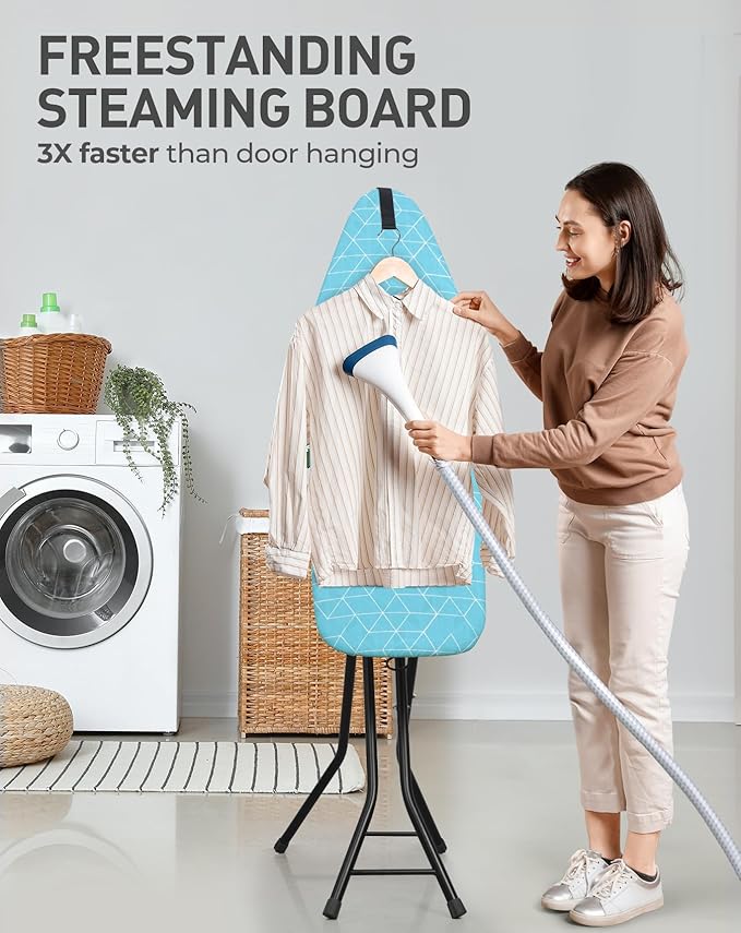 LyriFine Ironing Board, 2-in-1 Flat and Hanging Board, Sturdy Steel Frame Iron Board with Non-Slip Feet, Heat Resistant Cover Iron Board, Foldable Ironing Board Full Size with Hook, 14″ x 43″ Blue