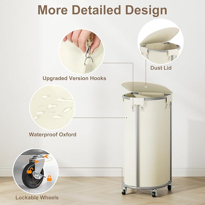 Chrislley Laundry Hamper with Wheels and Lid, 100L Rolling Laundry Basket, Half Round Laundry Cart with Removable Bag and Iron Frame, Dirty Clothes Hamper Organizer for Home, Dorm, Hotel, Beige
