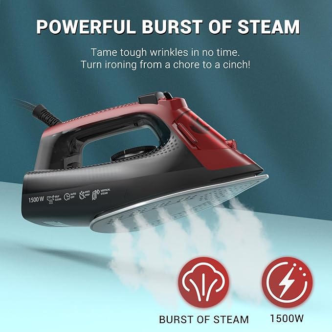 BEAUTURAL Steam Iron for Clothes, Ceramic-Coated Soleplate with Burst Steam, 3-Way Auto Shutoff, Anti-Drip and Anti-Calc, Self-Cleaning, 1500W Powerful for Home Use