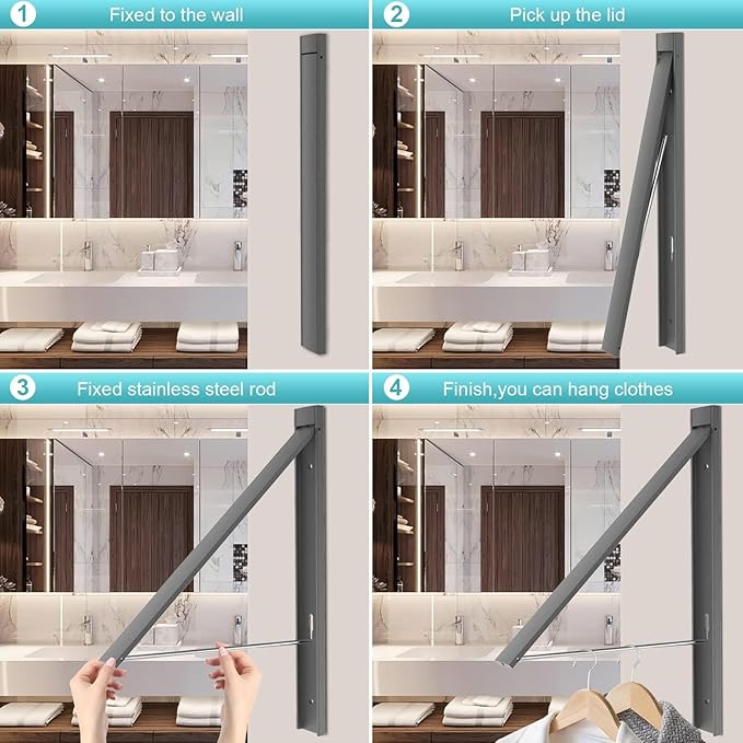 Wall Mounted Clothes Drying Rack - Foldable Space Saving Design, No Drill Installation, 65lb Heavy Duty Capacity, Rust-Proof Aluminum Alloy for Laundry Room (Gray)