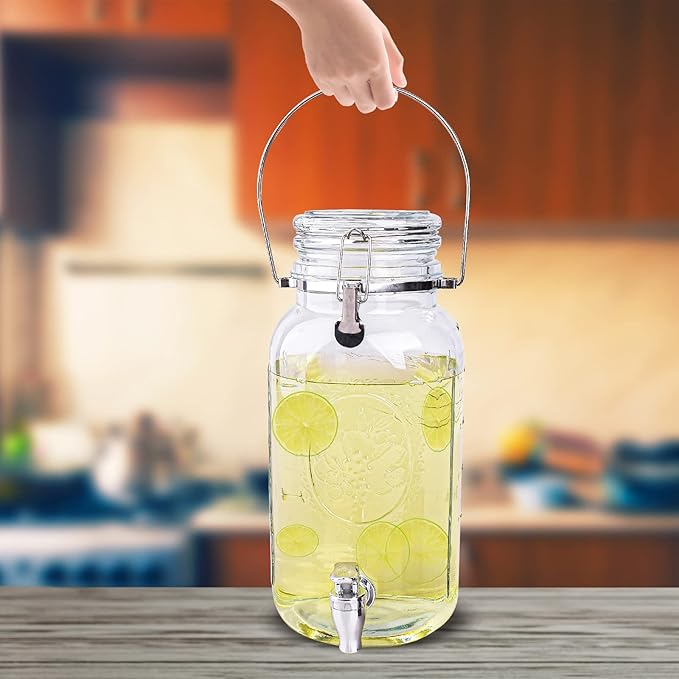 Eleganttime 1 Gallon Glass Drink Dispensers for Parties,2 Pack Beverage Dispenser With Spigot,Laundry Detergent Dispenser Punch Bowls Juice Water Dispenser for Parties
