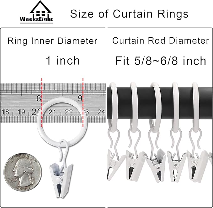 44 Pack White Curtain Rings with Clips, Curtain Hooks Hangers Clip Rings for Hanging Drapes Bows Hat, Drapery Rings 1 in I D, Fits up to 5/8 in Diameter Curtain Rod.