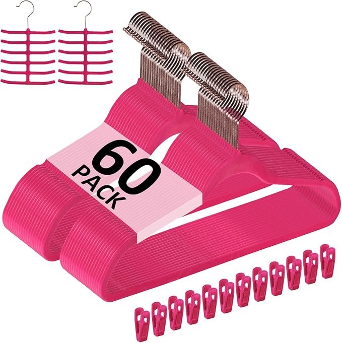 VECELO Premium Velvet Clothes Hangers Suit Heavy Duty (60 Pack)-Non Slip & Space-Saving with 8 Finger Clips & Tie Rack Excellent for Men and Women,Dark Rose Red