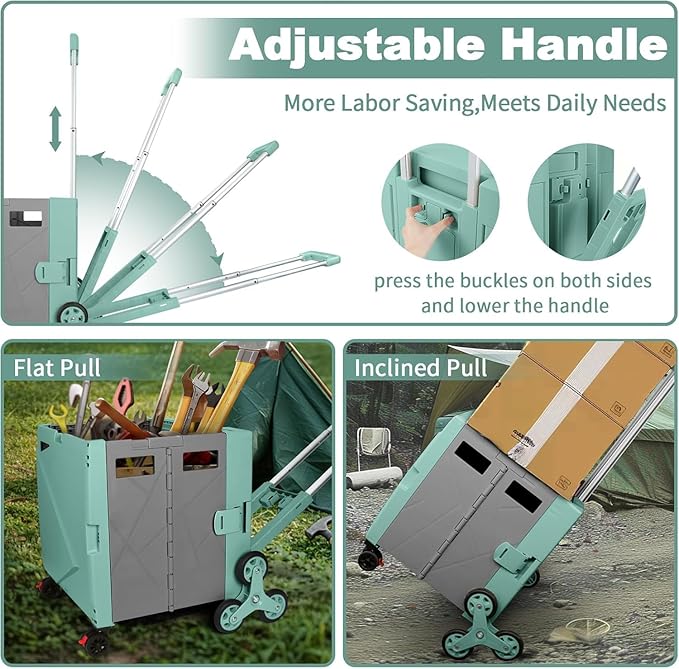 FELICON Folding Climber Utility Cart Rolling Crate Tote on Rotate Wheels with Adjustable Handle Hidden Lid Cup Holder Storage Bin for Teacher Office File Move Shop Travel Laundry Grocery(Green Gray)