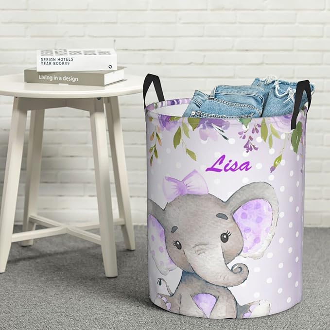 Purple Flower Pretty Elephant Personalized Laundry Hamper Custom with Name Collapsible Waterproof Storage Basket with Handles for Bedroom Clothes Toys.