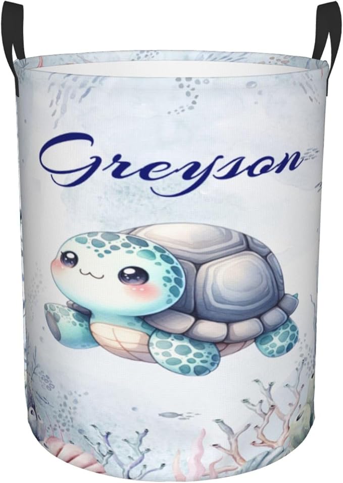 Personalized Turtle Laundry Basket For Baby Kids Boys Girls Adult Custom Hamper Basket With Name For Bathroom Bedrooms Collapsible Baby Laundry Basket, Dirty Clothes Hamper With Handles