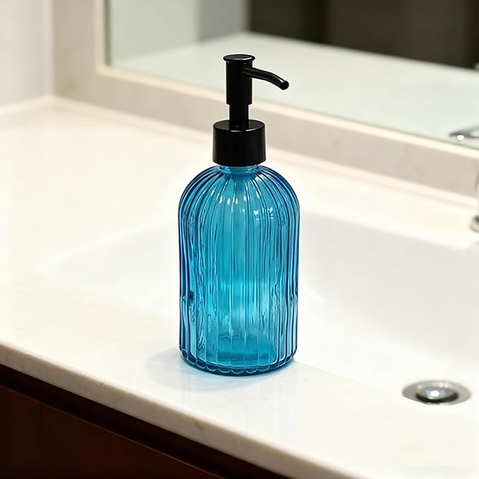 Blue Glass Dish Soap Dispenser, 13.5oz Refillable Liquid Hand Soap Dispenser, Lotion Dish Dispenser for Modern Home Decor, Kitchen Countertop, Bathroom, Hotel (2 Pack)