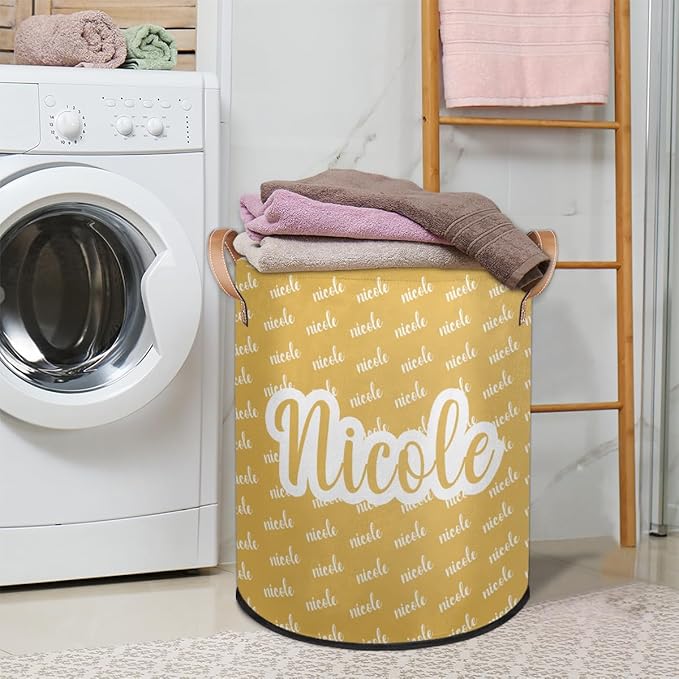 Custom Name Laundry-Hamper, Personalized Yellow Kids-Clothes-Hamper Foldable with Name, Customized Storage Basket with Handles Waterproof Gift for Boys Girls Baby Women