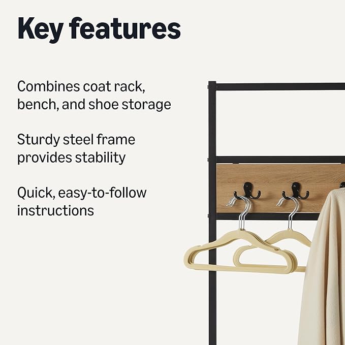 Amazon Basics Entry Bench with Hooks, Hall Tree with Shoe Storage, Steel Frame, Oak Finish