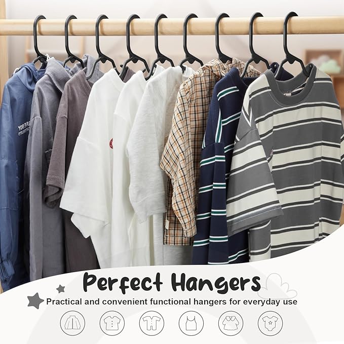 HOUSE DAY Premium Baby Hangers 60 Pack, 11 Inch Kids Plastic Hanger Black, Slim Childrens Hangers for Infant, Toddler, Child Clothes, Durable Baby Clothes Hanger for Closet
