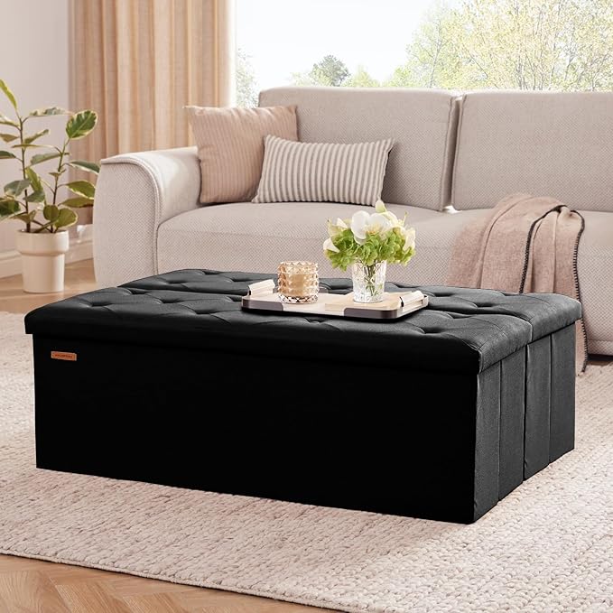 HAUSFRAU Storage Ottoman Bench with Flipping Lid, 43.3 Inches Storage Chest Footsrest, Folding Foot Stool for Entryway, Living Room, Bedroom, Linen Black
