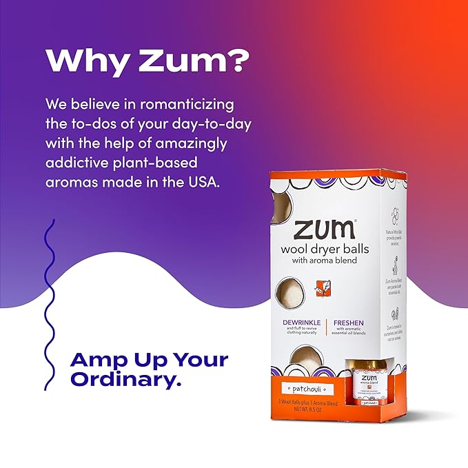 Indigo Wild Zum Laundry Dryer Balls Kit - Wool Laundry Balls for The Dryer - Essential Oil Spray - Reusable Drying Balls for Laundry - Patchouli - (3 Dryer Balls, 1 Aroma Blend)