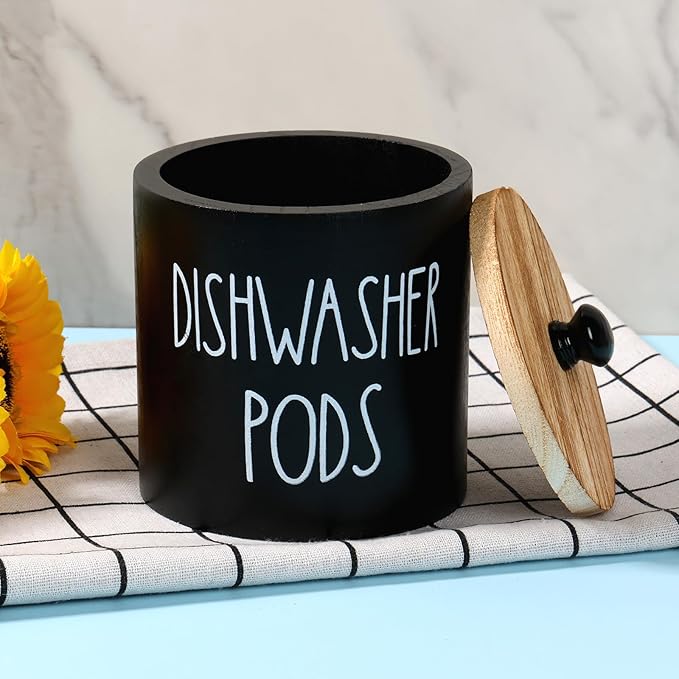 Round Dishwasher Pods Container, Wood Dishwasher Pod Holder with Lid for Kitchen Decor, Laundry Pod Container for Laundry Detergent Storage (Black)