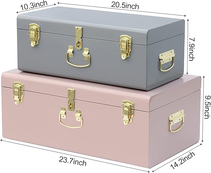 Vixdonos Decorative Metal Box Storage Trunks Set of 2 College Dorm Chest with Lock Hole,23.7X14.2X9.5 Inches(Grey and Pink)