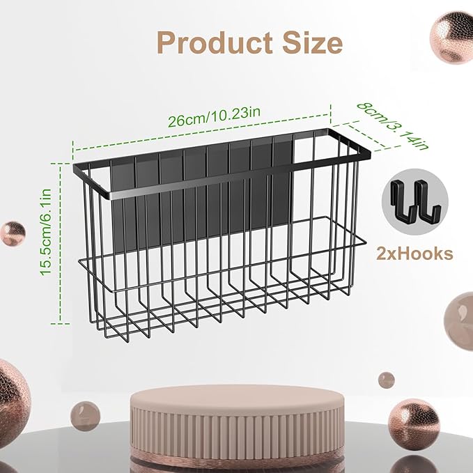 Magnetic Refrigerator Baskets, Fridge Spice Rack Organizer with Hooks, Strong Magnet Metal Hanging Wire Storage Basket Storage Bin Box Container for Pegboard /Refrigerator/Whiteboard/Locker-Black