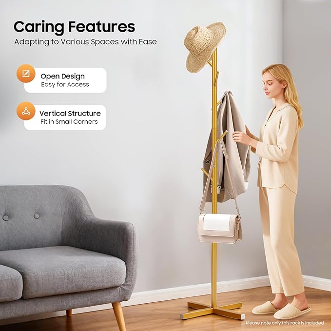 Freestanding Coat Rack, Metal Coat Tree Stand with 7 Hooks for Hanging Coats Hats Scarves Handbags in Entryway Hallway Bedroom Office