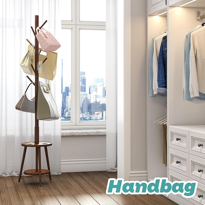 Coat Rack, Bamboo Wood Coat Freestanding with Umbrella Holder, Adjustable Height Coat Stand with 8 Hooks, kids coat rack, Used In The Bedroom Living Room, Office To Hang Clothes, Hats, Bags (Brown)