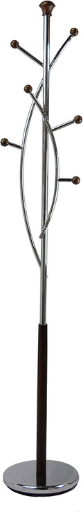 Proman Products Freestanding Modern Metal Coat Rack Tree Stand Organizer with 6 Wooden Hooks for Clothes, Bags, Jackets and Hats