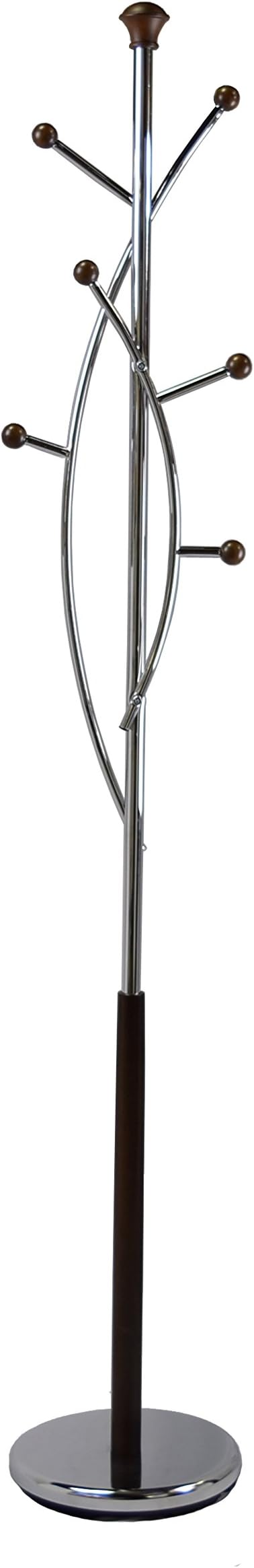 Proman Products Freestanding Modern Metal Coat Rack Tree Stand Organizer with 6 Wooden Hooks for Clothes, Bags, Jackets and Hats