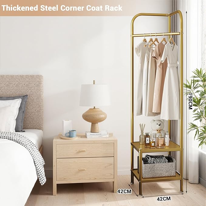 Corner Coat Rack, Modern Metal Clothes Racks Corner Hall Tree Clothing Floor Freestanding Garment With Shelves Storage for Hallway Entryway Bedroom Living Room Office