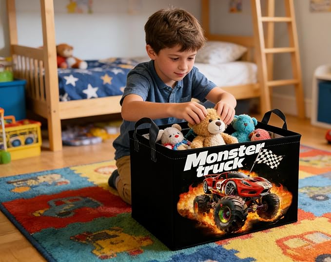 Rectangular Kids Baskets Moster truck Basket Cute Storage Bins Organizer Box Boys Room Decor for Home.(Black racing car)