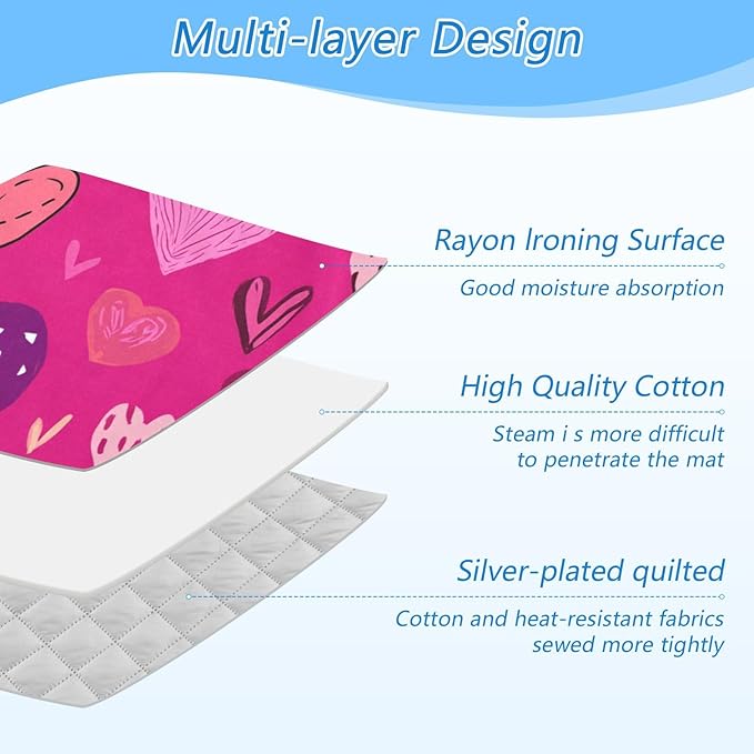 Ironing Mat Portable Ironing Pad Ironing Blanket for Table Top Heat Resistance Double-Side Using Travel Large 47.2 x 27.6 Inch Foldable Lightweight Hot Pink Doodle Hearts Stars Valentines