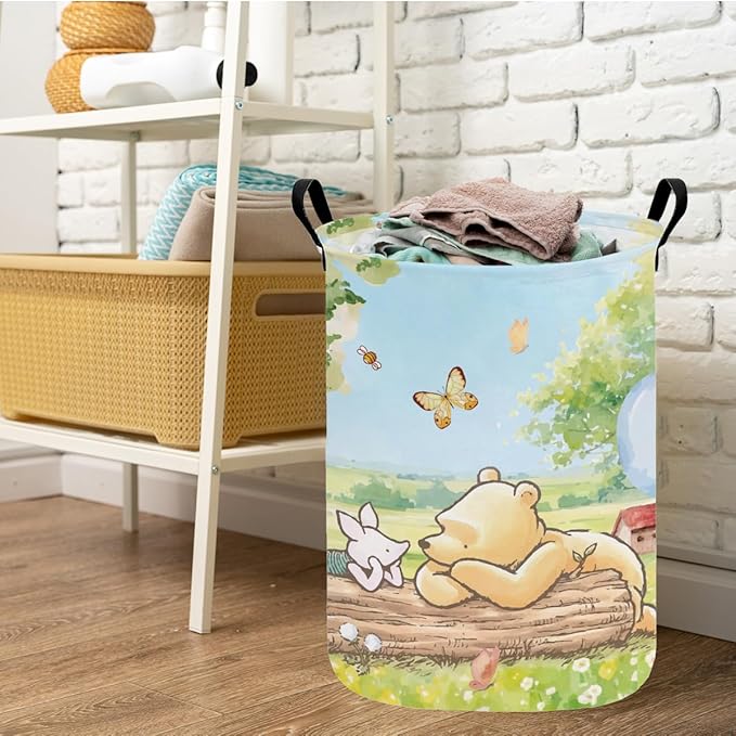 Greatingreat Winnie Foldable Laundry Basket - Small Circular Collapsible Hamper with PE Coating, Baby Laundry Basket & Clothes Organizer for Nursery, Bedroom, Home Storage (Blue)