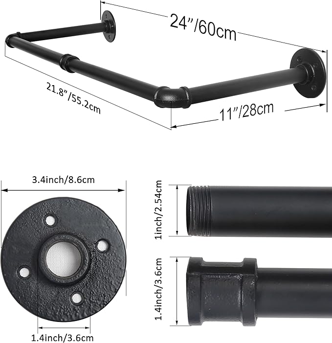 WEBI Clothing Rack Wall Mount,24" Industrial Pipe Clothes Rack for Hanging Clothes,Heavy Duty Iron Garment Rack Bar,Retail Display Clothes Rod for Closet,Laundry Room,Black,2 Packs