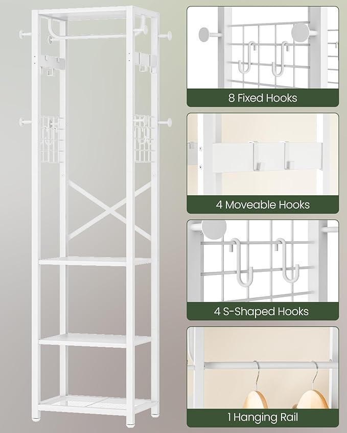 Coat Rack with Shelves, Freestanding Hall Tree, Coat Tree with 16 Hooks and Hanging Rail, Industrial Clothes Stand for Entryway, Hallway, Bedroom, White TYM18WB