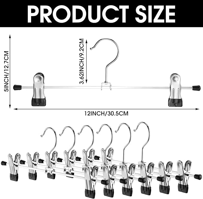Weysat 50 Pack Pant Hangers with Clips Adjustable Metal Pants Skirt Hangers Bulk for Space Saving Heavy Duty for Clothes Jeans Closet Organizer, Silver and Black
