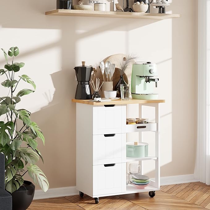SUNLEI Kitchen Island with Storage Cart Rolling Moveable Microwave Microwave cart with 3 Drawers on Wheels Portable Mobile Narrow Kitchen Island, White