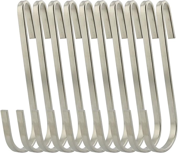 Flat Style Premium Stainless Steel S Hook Cookware Universal Pot Rack Hooks Sturdy Hanging Hooks - Multiple uses for Kitchenware, Pots, Utensils, Plants, Towels - Set of 10