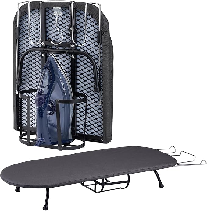BiJun Small Ironing Board, Foldable Table Top Ompact Portable Mini Ironing Board w/Iron Rest, Set for Dorm Rooms, RVs, Travel Apartments Black